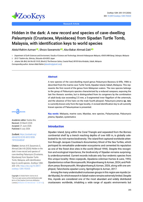 Hidden in the dark: A new record and species of cave-dwelling Palaumysis (Crustacea, Mysidacea) from Sipadan Turtle Tomb, Malaysia, with identification keys to world species