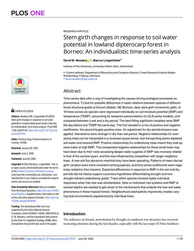 Stem girth changes in response to soil water potential in lowland dipterocarp forest in Borneo: An individualistic time-series analysis