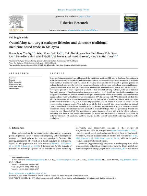 Quantifying non-target seahorse fisheries and domestic traditional medicine-based trade in Malaysia