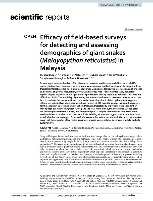 Efficacy of field-based surveys for detecting and assessing demographics of giant snakes (Malayopython reticulatus) in Malaysia