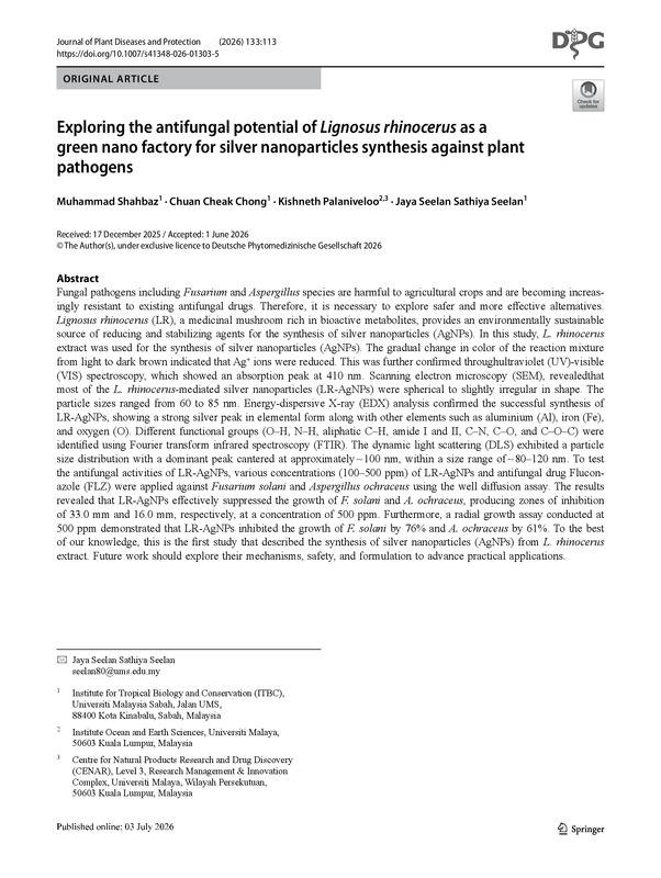 Exploring the antifungal potential of Lignosus rhinocerus as a  green nano factory for silver nanoparticles synthesis against plant  pathogens