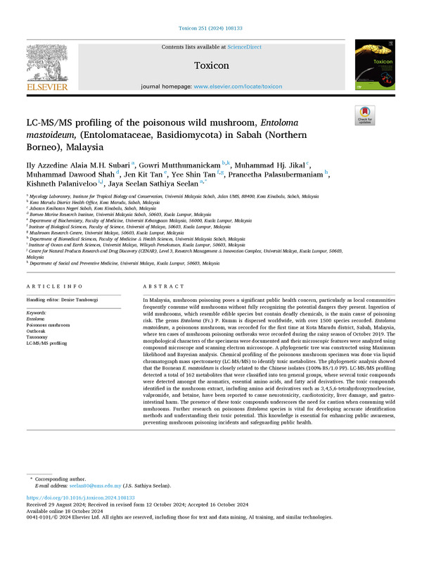 LC-MS/MS profiling of the poisonous wild mushroom, Entoloma mastoideum, (Entolomataceae, Basidiomycota) in Sabah (Northern Borneo), Malaysia