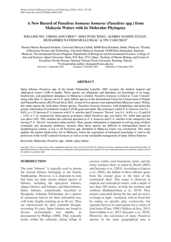 A New Record of Panulirus homarus homarus (Panulirus spp.) from Malaysia Waters with its Molecular Phylogeny