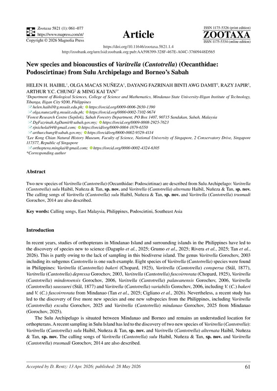 New species and bioacoustics of Varitrella (Cantotrella) (Oecanthidae: Podoscirtinae) from Sulu Archipelago and Borneo’s Sabah