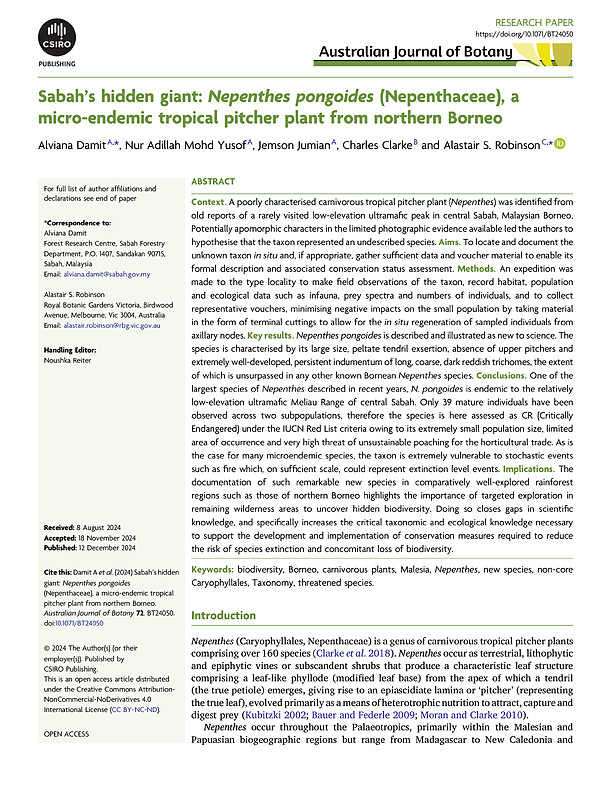 Sabah’s hidden giant: Nepenthes pongoides (Nepenthaceae), a micro-endemic tropical pitcher plant from northern Borneo