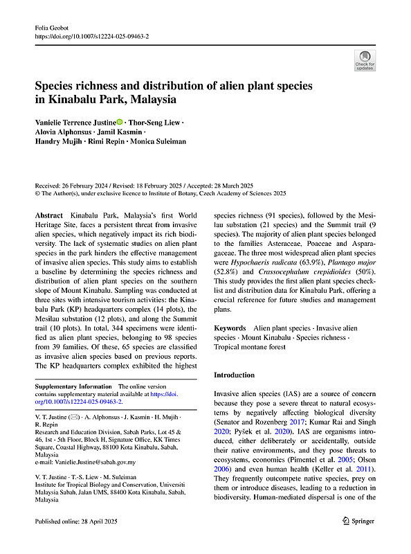 Species richness and distribution of alien plant species in Kinabalu Park, Malaysia