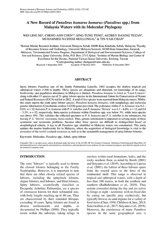 A New Record of Panulirus homarus homarus (Panulirus spp.) from Malaysia Waters with its Molecular Phylogeny