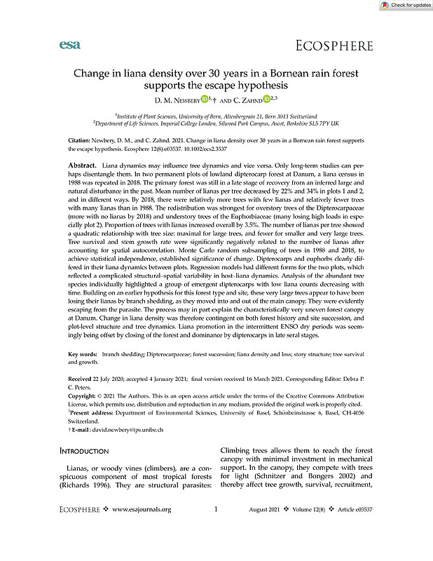 Change in liana density over 30 years in a Bornean rain forest supports the escape hypothesis