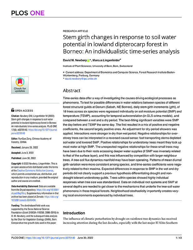 Stem girth changes in response to soil water potential in lowland dipterocarp forest in Borneo: An individualistic time-series analysis