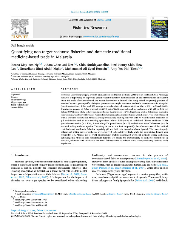 Quantifying non-target seahorse fisheries and domestic traditional medicine-based trade in Malaysia