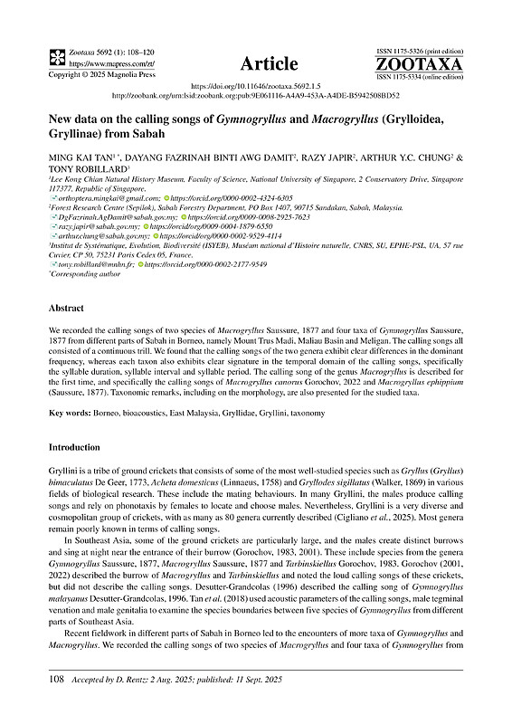 New data on the calling songs of Gymnogryllus and Macrogryllus (Grylloidea, Gryllinae) from Sabah