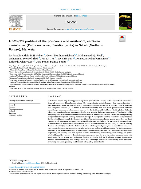 LC-MS/MS profiling of the poisonous wild mushroom, Entoloma mastoideum, (Entolomataceae, Basidiomycota) in Sabah (Northern Borneo), Malaysia